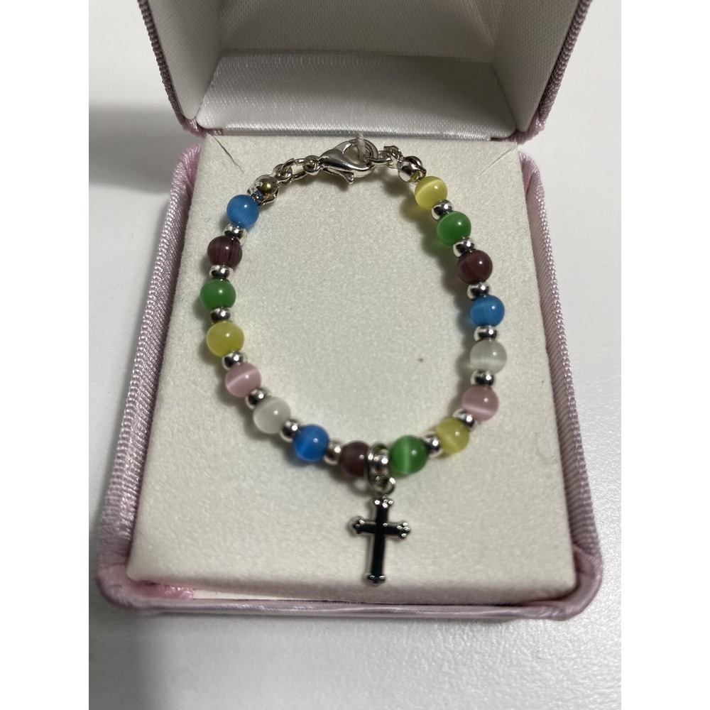 baby bracelet Sterling silver Inspirational beaded multicolor cross charm NWT